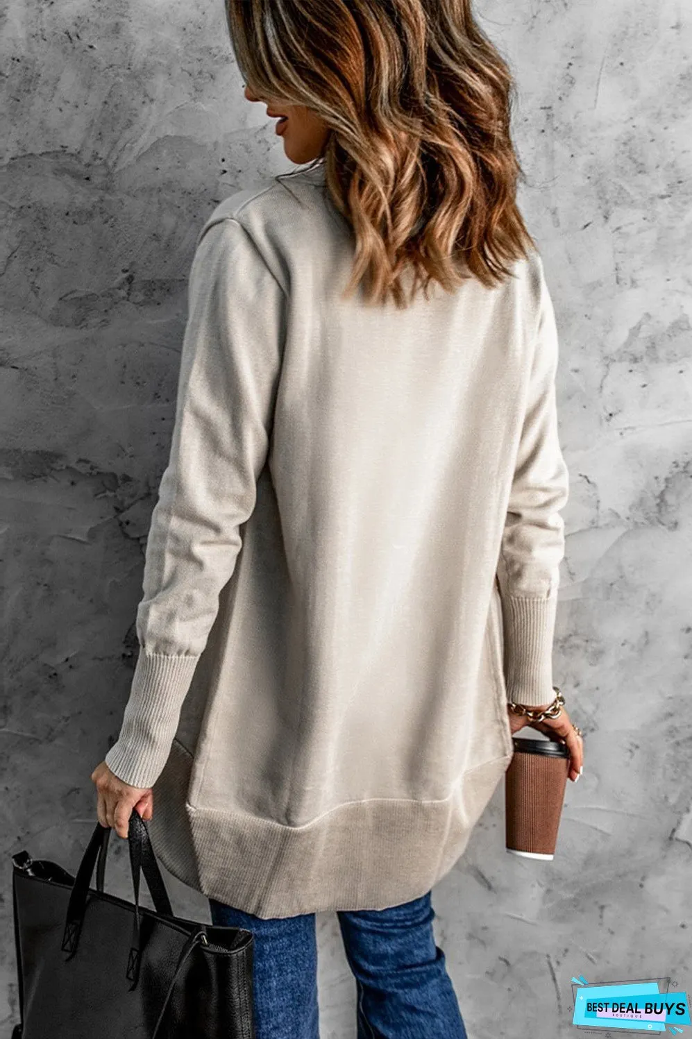 Long Sleeve Ribbed Hem Open Front Longline Cardigan
