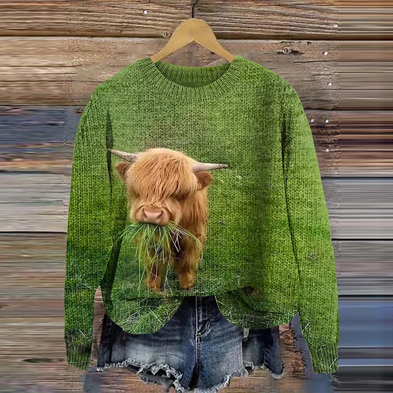 Cute Highland Cow Eating Grass Cozy Knit Sweater