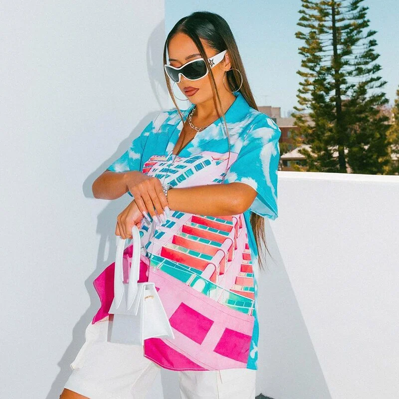 BIIKPIIK Summer Blouses Women Print Buttons Short Sleeved Turn Down Collar Tops Shirt Oversized Streetwear Sporty Casual Tshirts