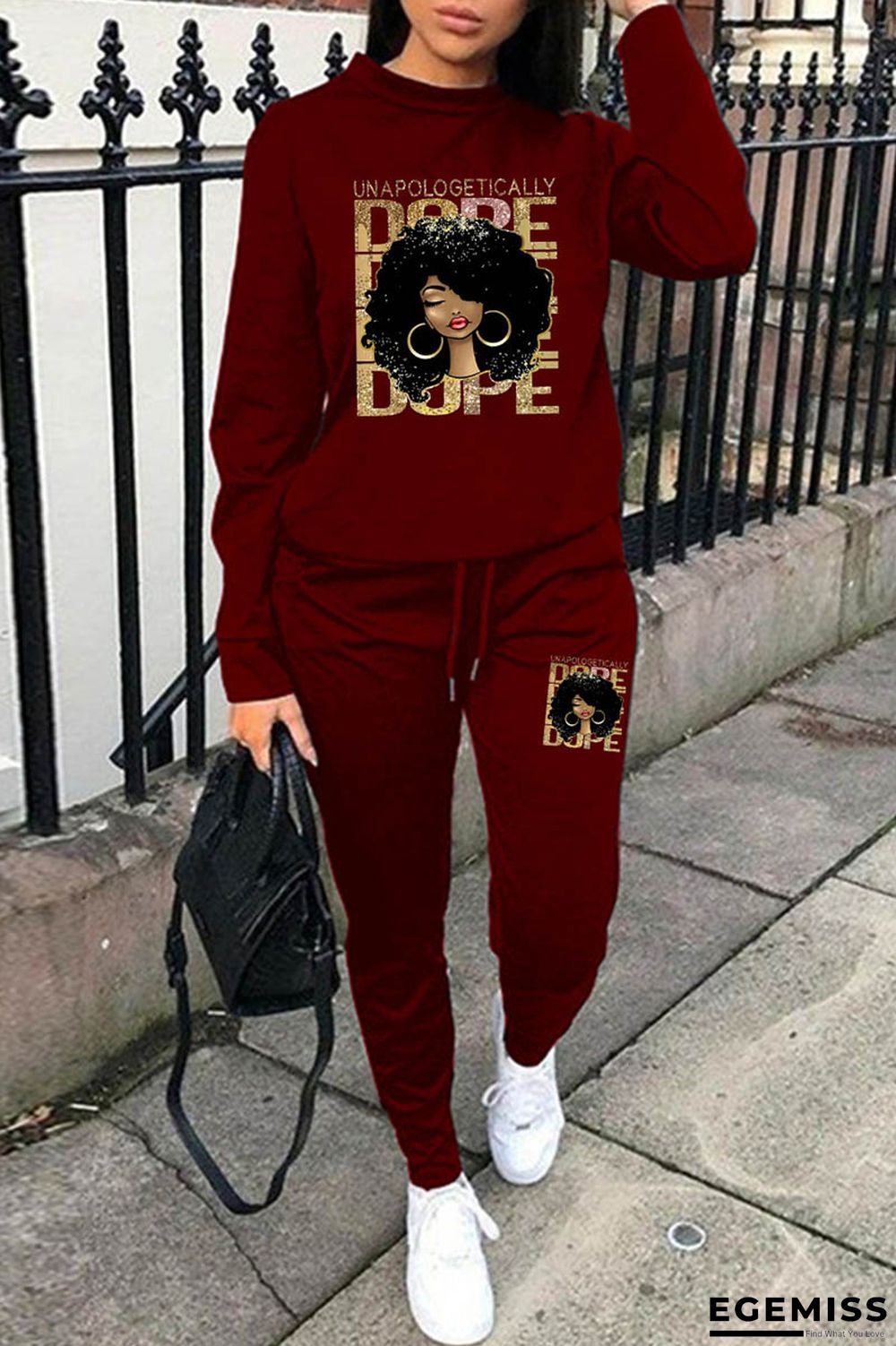 Burgundy Casual Print Basic O Neck Long Sleeve Two Pieces | EGEMISS