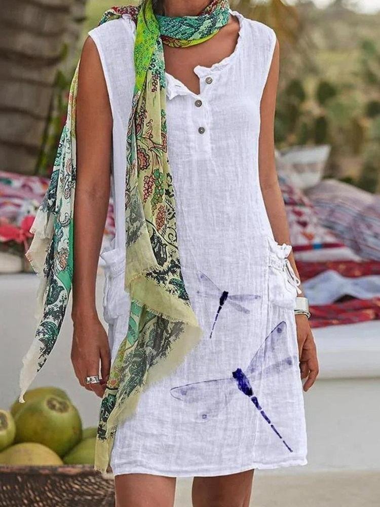 Casual Dragonfly Print Crew Neck Sleeveless Mini Dress