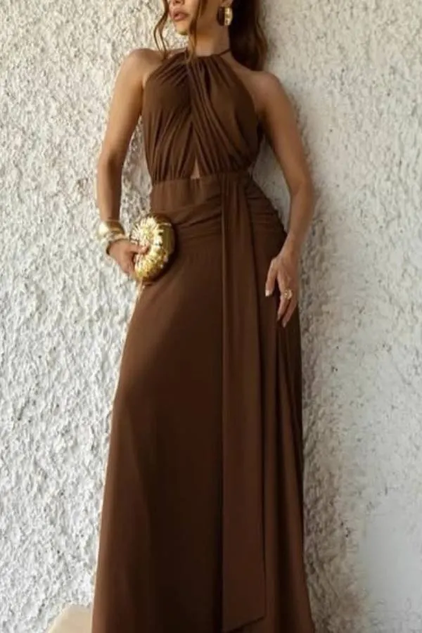 Halter Neck Twist Knot Cutout Backless Draped Maxi Dress