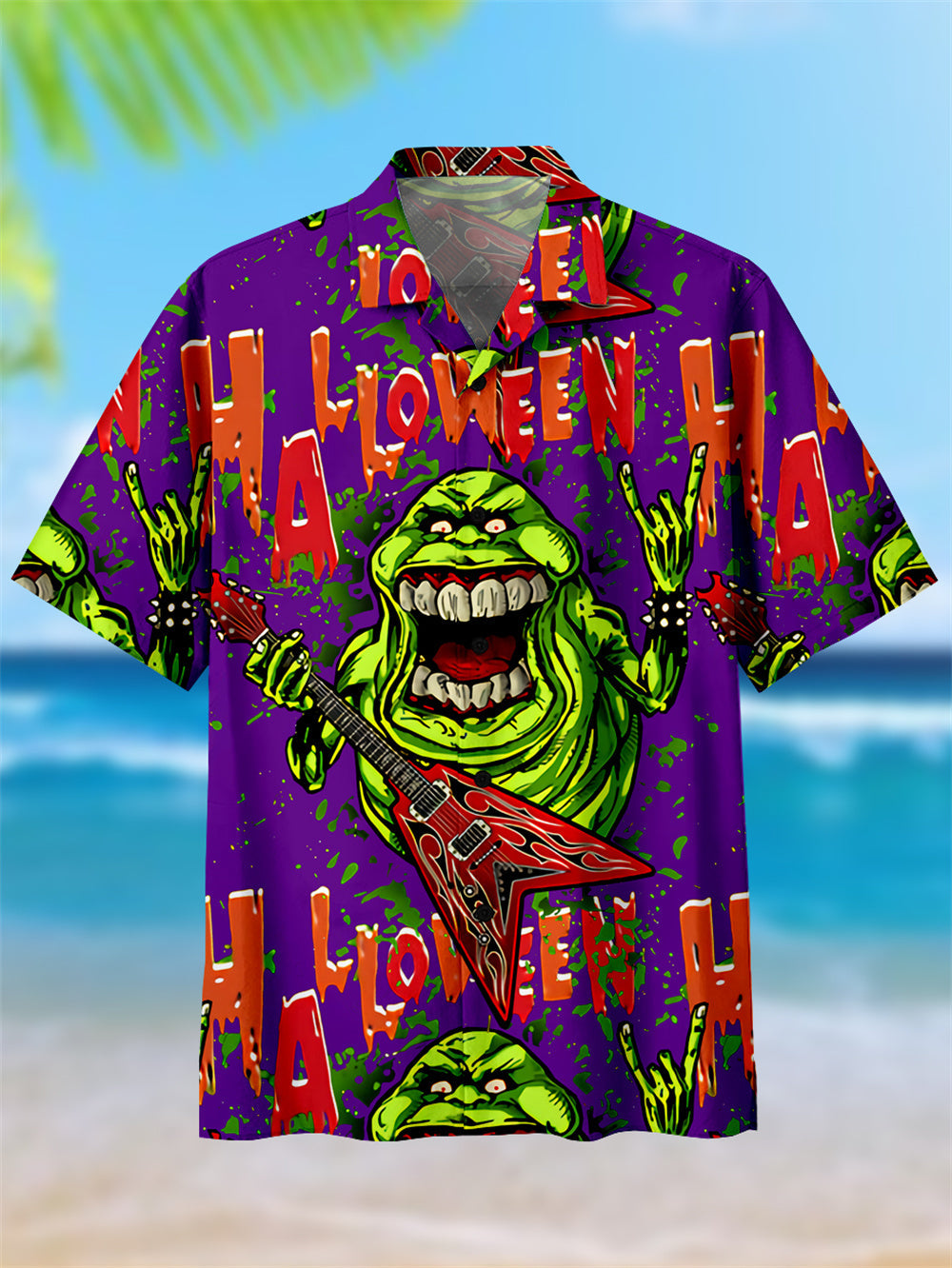 Men's Halloween Spoof Rubber Man Print Cuban Collar Short Sleeve Shirt PLUSCLOTHESMAN
