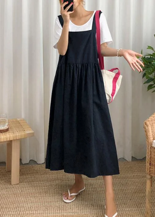 2021 Style Spaghetti Strap Cinched linen cotton clothes For Women Sewing black Dress