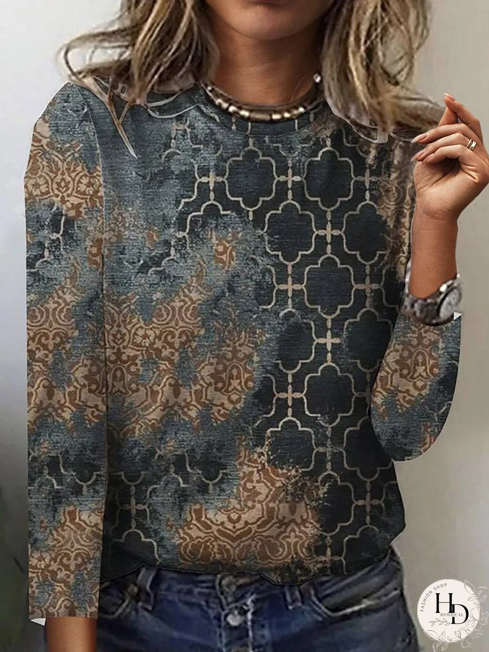 Casual Long Sleeve Crew Neck Printed Top