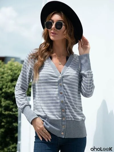 Striped Button Up Long Sleeve Cardigan