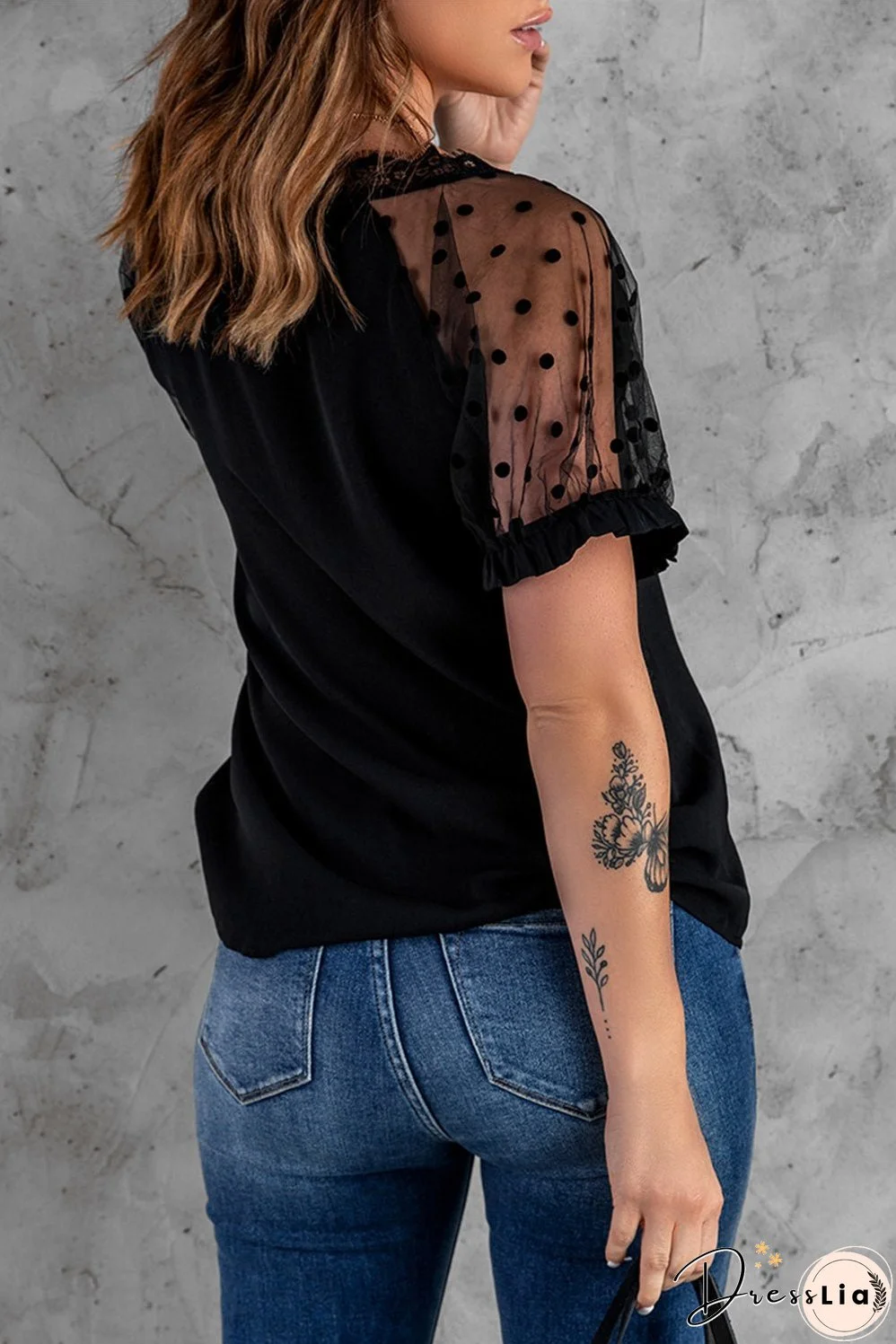 Polka Dot Lace Trim Spliced Mesh Blouse