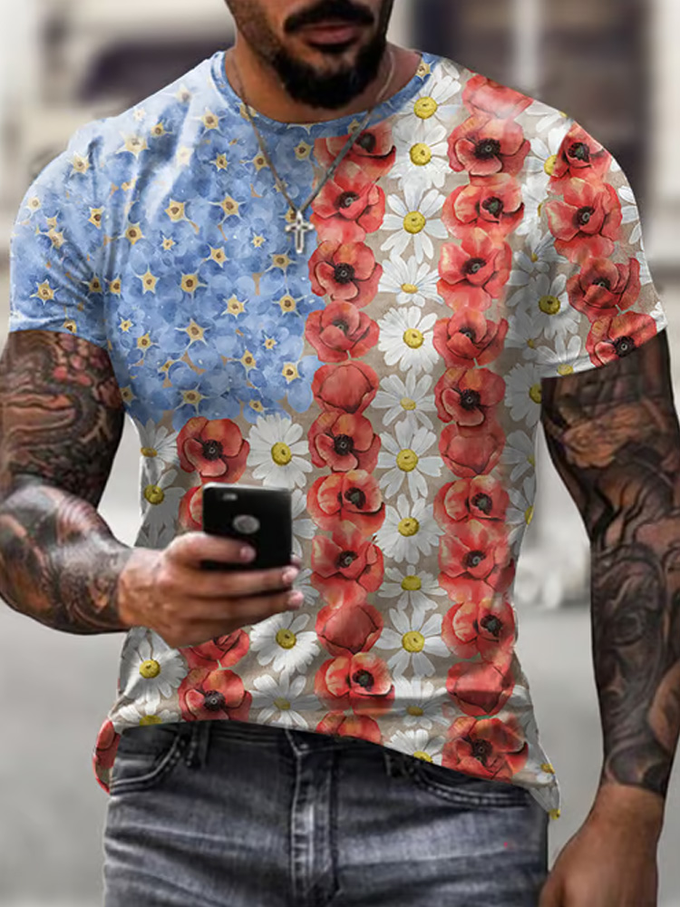 Comstylish Retro Patriotic Flower Myosotis & Poppy Print T-shirt