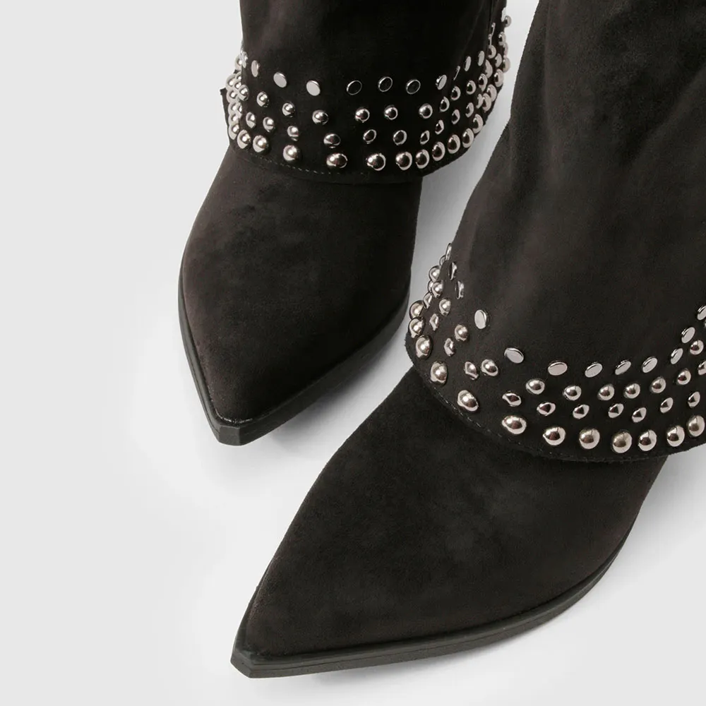 Black Pointed Toe Buckle Fold-Over Knee High Studded Cowgirl Boots