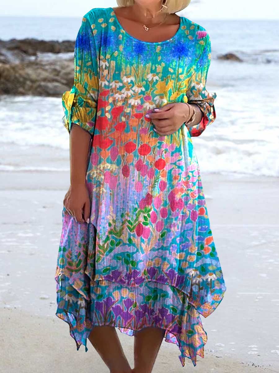Women's Colorful Floral Pattern Seaside Resort Style Dress