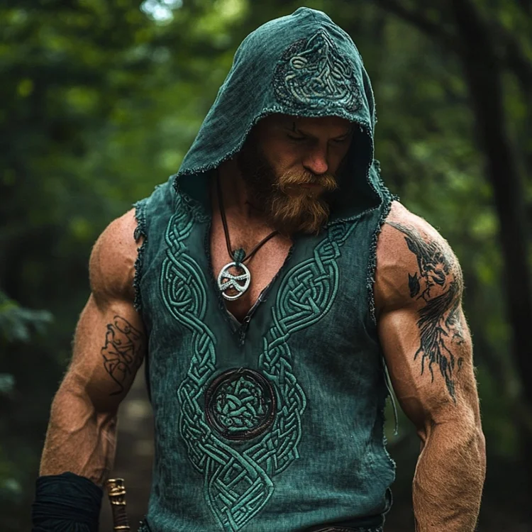 Vintage Viking Totem Embroidered Men's Linen Hooded Vest