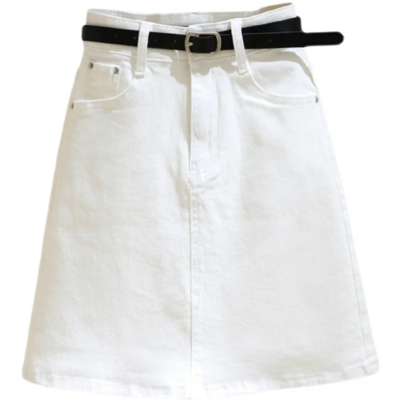 Woherb Woherb Summer New Style High Waist White Denim Skirt Korean Version Versatile Show Thin A-Word Wrap Hip Skirt Tide-Outfit Ideas