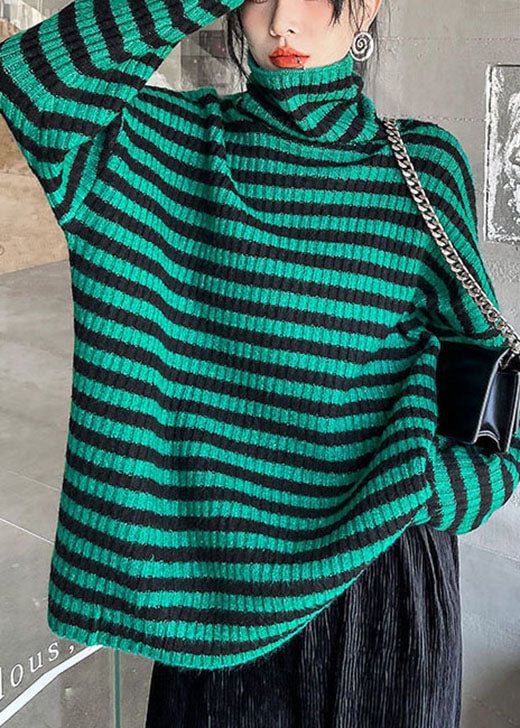 Organic Green Turtleneck Striped cozy Fall Knit Sweater CK2816- Fabulory
