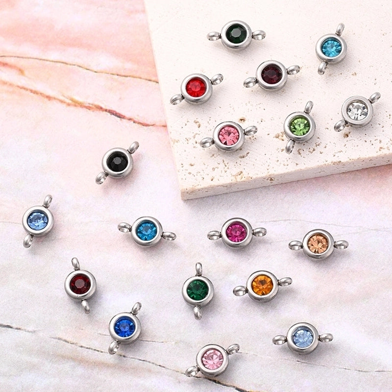 10 Pcs/Package 12×6.5mm Hole 2~2.9mm 304 Stainless Steel K9 Glass Lucky Stone Birthstone Round Simple Solid Color Polished Connectors