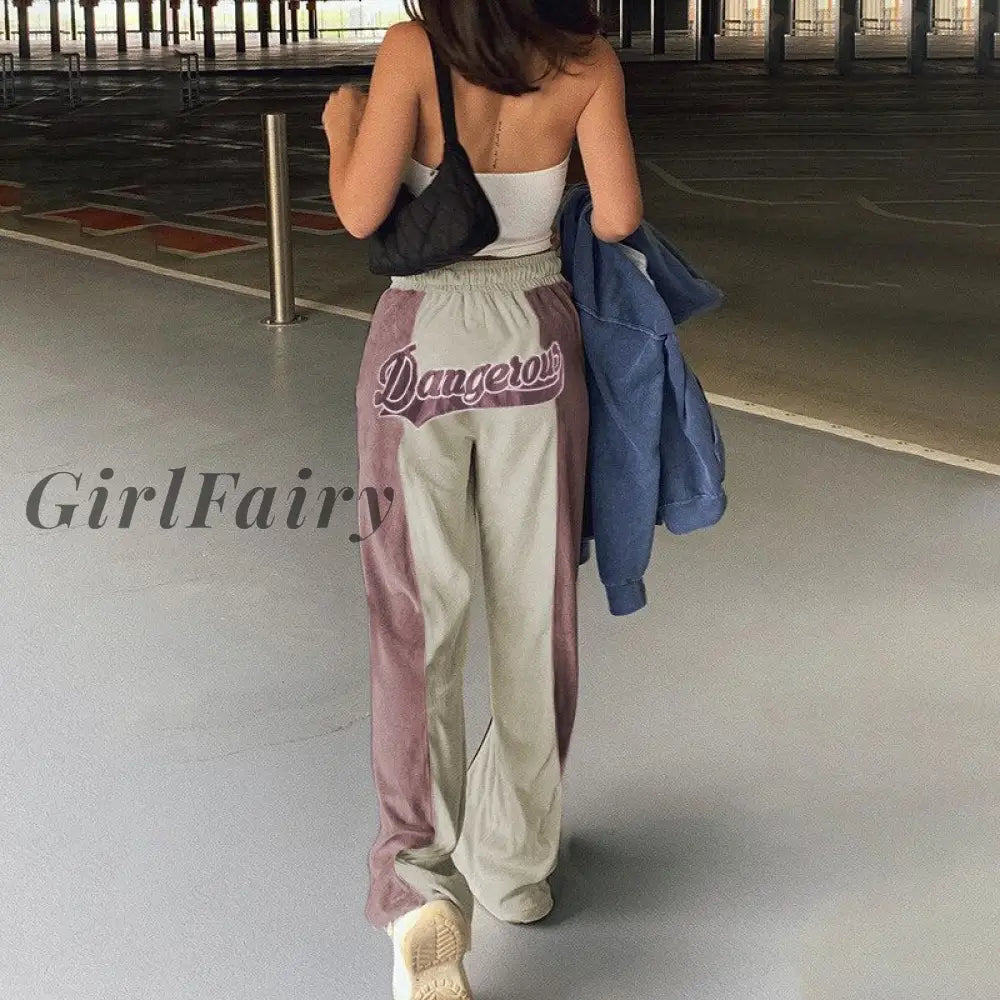 Y2K Letter Panelled Casual Pants For Women Embroidery Stitching Stretchy Streetstyle Flocking Midi