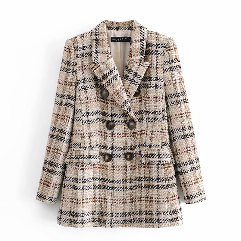 British Style Women Plaid Tweed Jacket Coat With Pockets Fashion Office Ladies Double Breasted Tops Casual Outwear