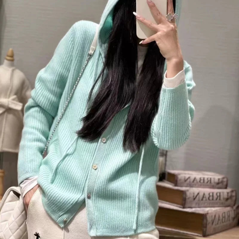 100% Pure Wool Sweater Women's Clothing Knitted Cardigan Autumn Winter New Casual Hooded Cardigan Loose Korean Long Sleeved Top Aiertu