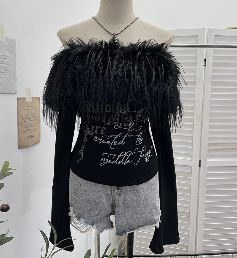 Nigikala Nigikala Shot Hair Collar Print Shoulder Horn Long-Sleeved T-Shirt Repair Short Picties Shoulder Grinding Top 1368