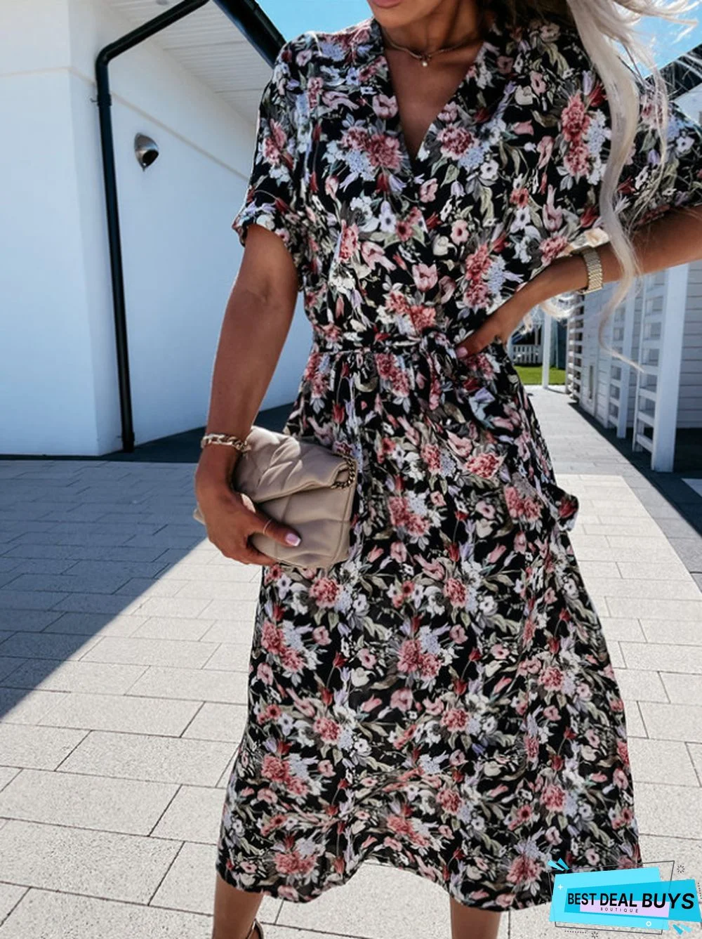 V-Neck Waist Floral Dress