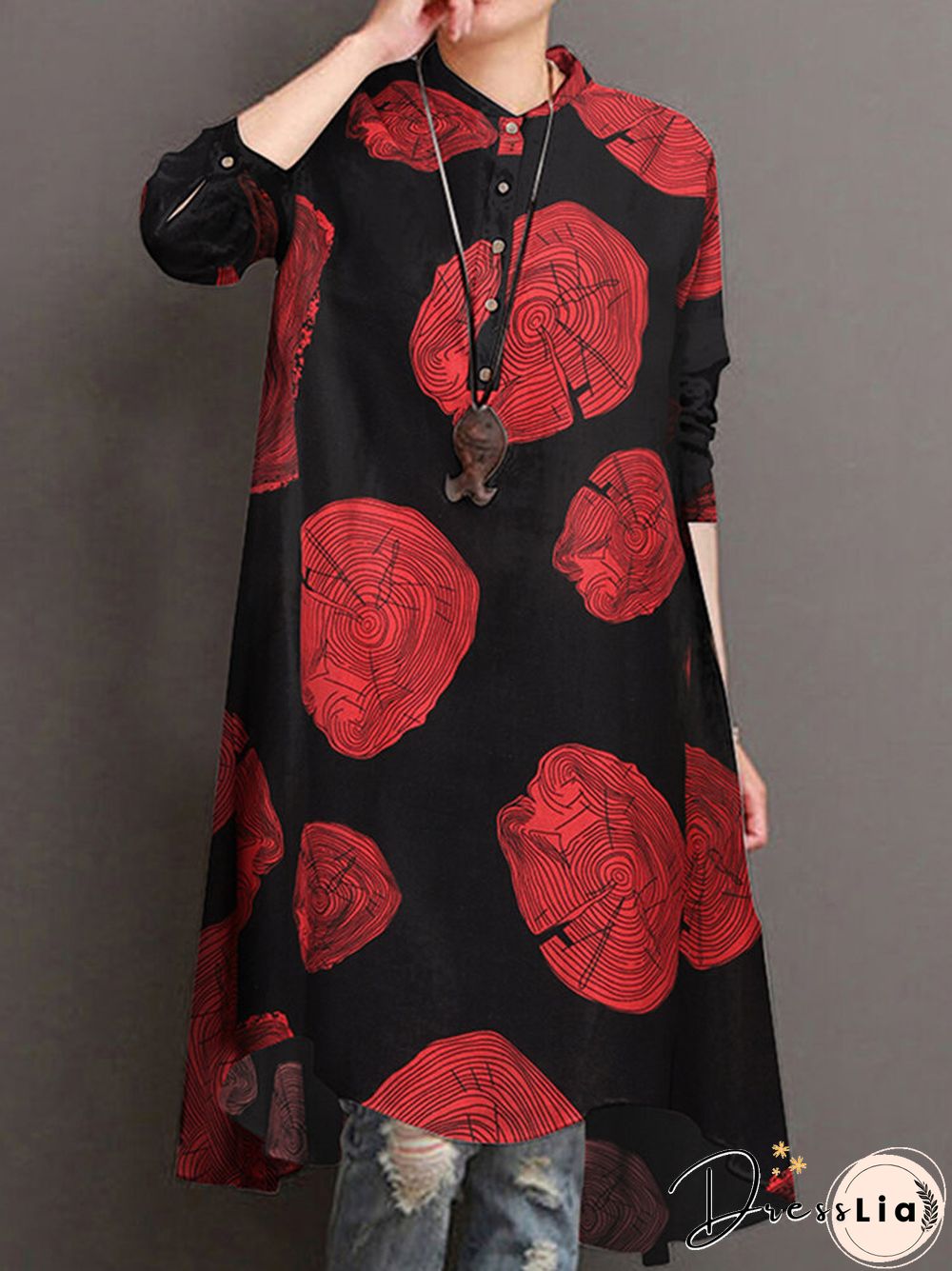 Casual Printed Stand Collar Long Sleeve Cotton Blouse