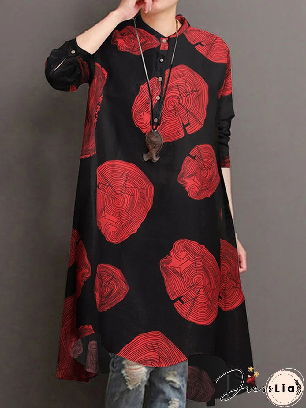 Casual Printed Stand Collar Long Sleeve Cotton Blouse