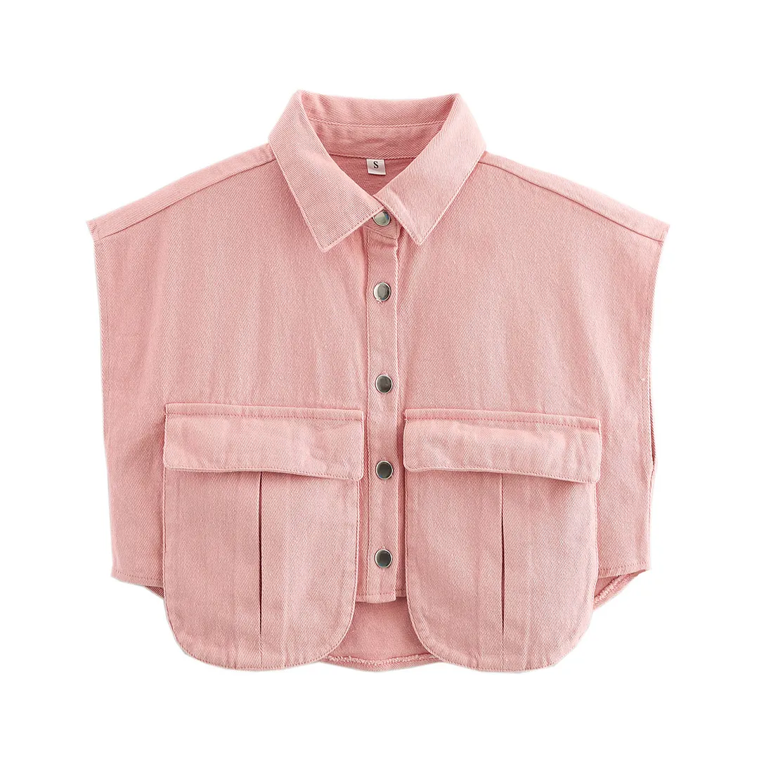 Nigikala Nigikala Women's Solid Color Big Pocket Sleeveless High Sense Cardigan Polo Collared Shirt Denim Top A19846