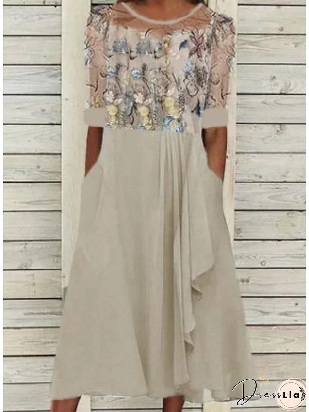 Casual Dress Midi Dress Blue Khaki Half Sleeve Floral Patchwork Summer Spring Crew Neck S M L XL XXL 3XL for Women