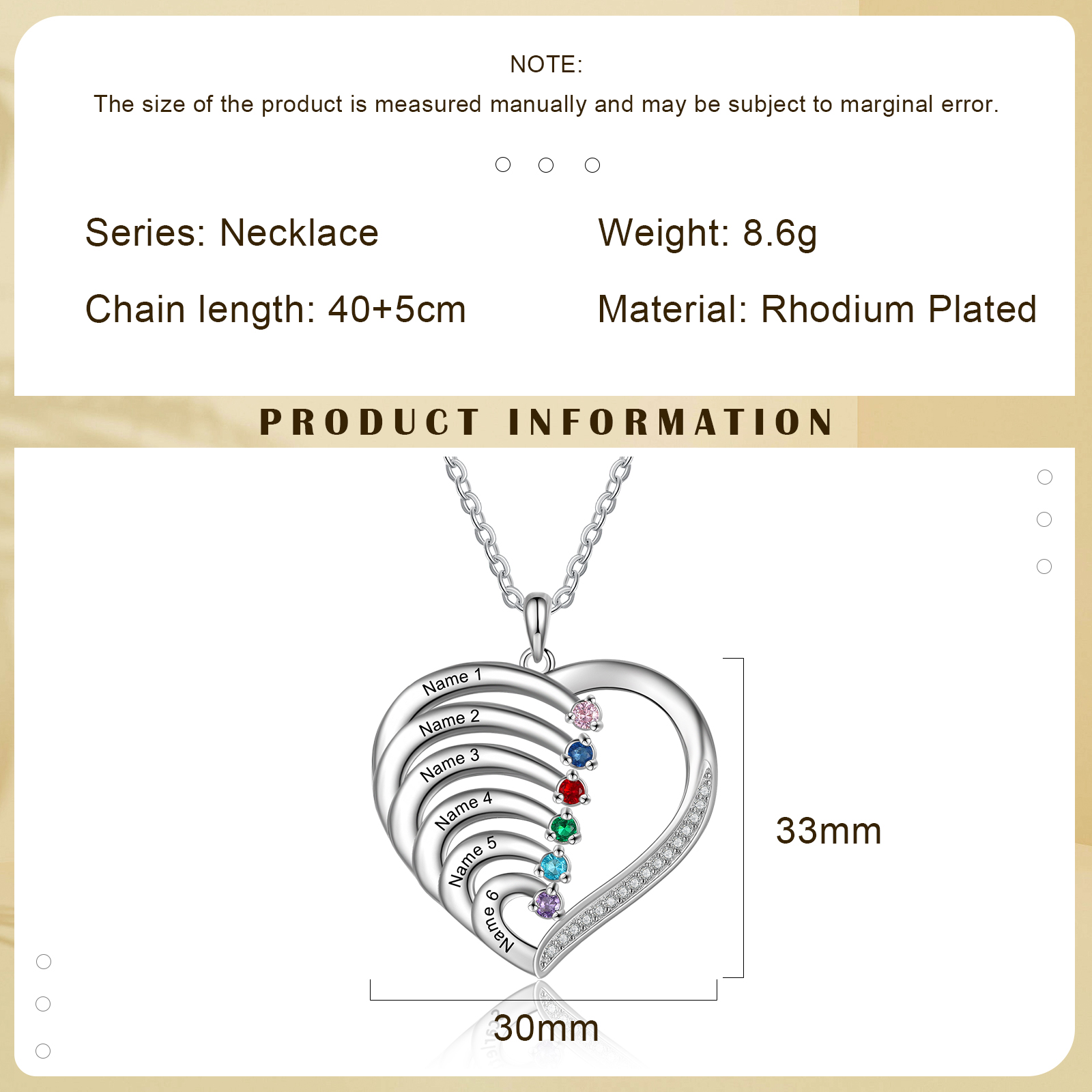 Argento S925 Collana con 6 nomi personalizzati e 6 pietre di nascita in ciondolo a cuore con scatola rosa