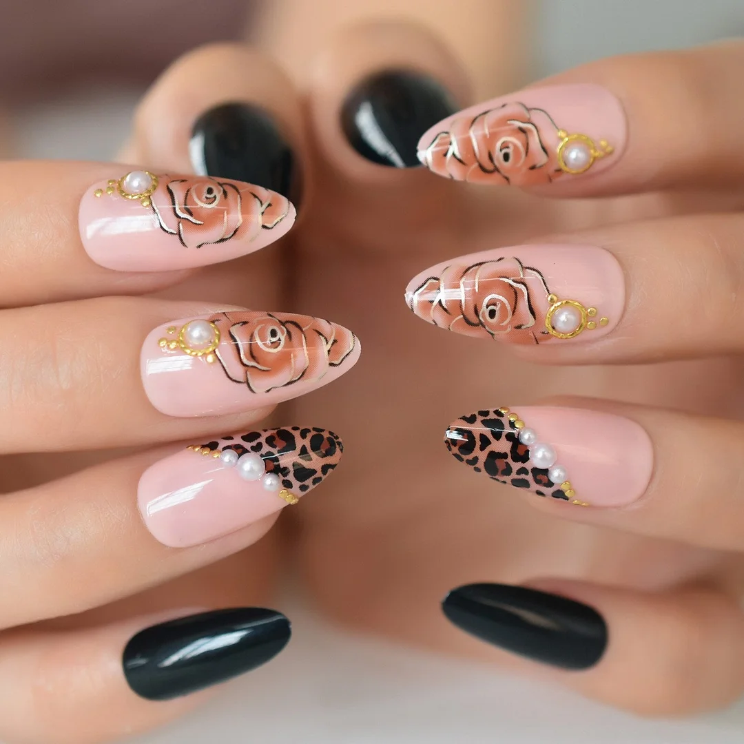 Rose Flower Pattern Nail Tips With Pearl Leopard Original Designs Charms Almond Shape Press On Nail  Fake Figernail Tips 24 Pcs