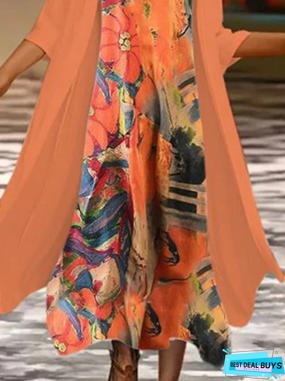 3/4 Sleeves Art Printing Crew Neck Casual Two Piece Dress With Coat