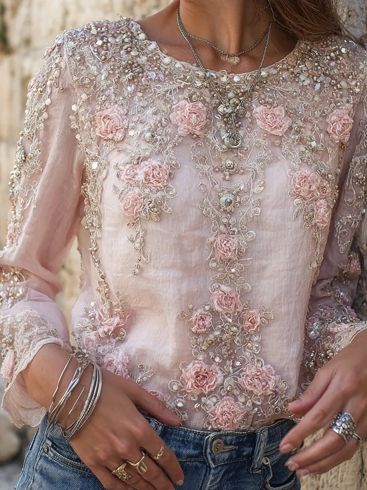 Vintage Pink Roses Embroidered Crew Neck Linen Tunic