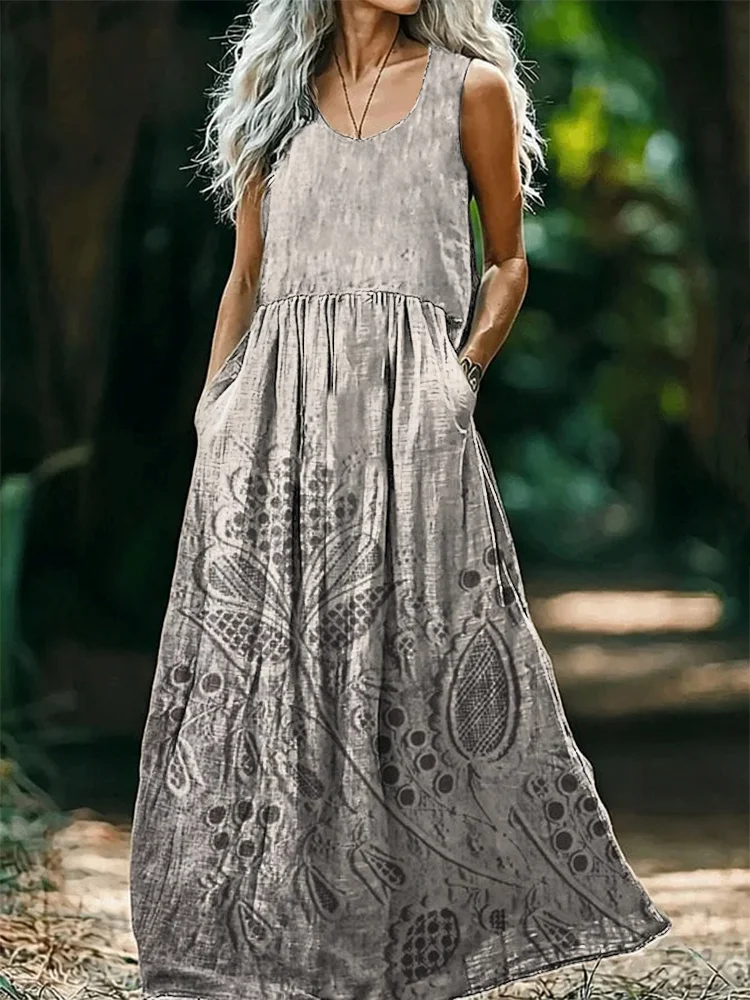 Women's Floral Art Print Round Neck Sleeveless Cotton Pocket Dresses