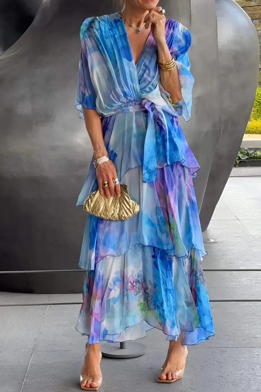 Plus Size Vacation Blue Chiffon All Over Print Wrap Flutter Sleeve Layered Maxi Dress 2024 - Flycurvy 