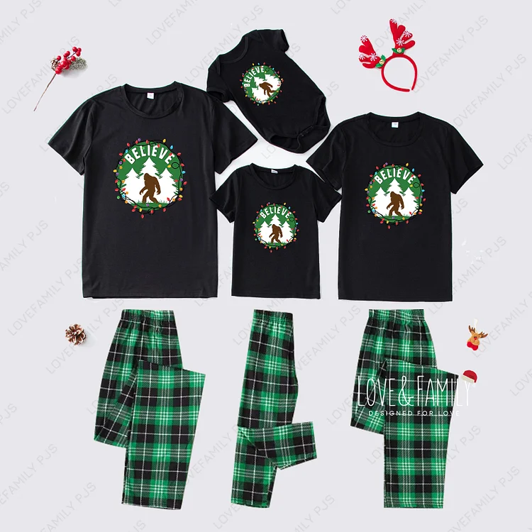 Believe BigFoot Christmas Family Pajamas Short Sleeve Green PJs Sets