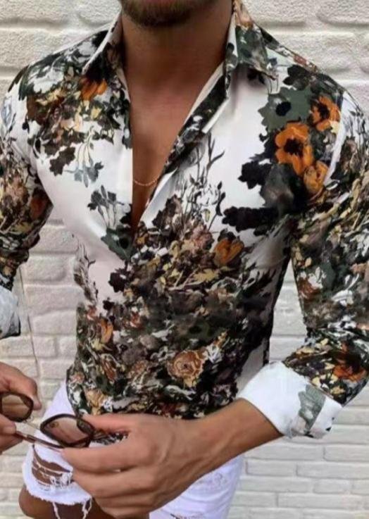 men's casual shirts with printed flowers and lapel buttons