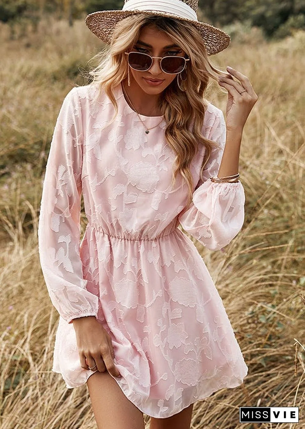 Boho Round Neck Long Sleeve Mini Dress