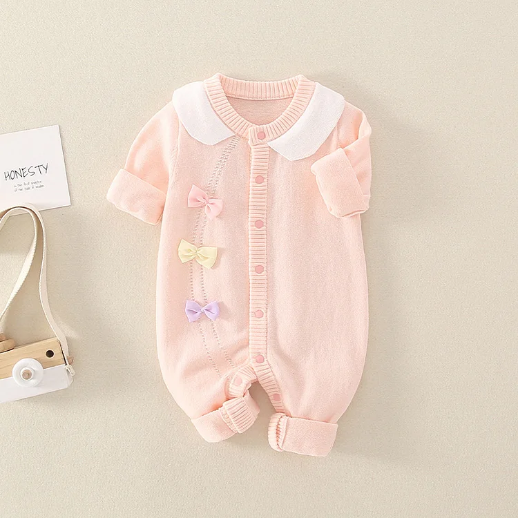 Baby Girl Bowknot Design Peter Pan Collar Long Sleeve Knitted Romper