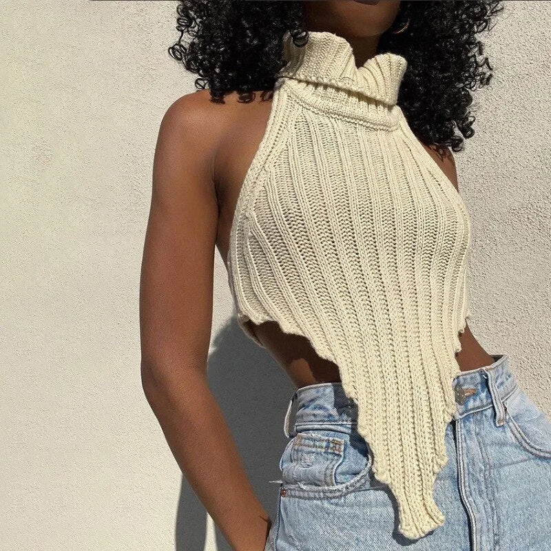 BIIKPIIK Knitted Vest For Women Turtleneck Casual Streetwear Fashion T-shirts Backless Sleeveless Hot Sexy All-match Female Tops