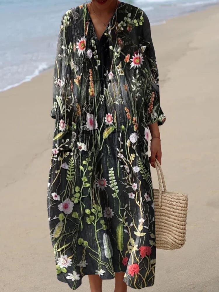 Womens Realistic Long Floral Pattern Print Casual Dress