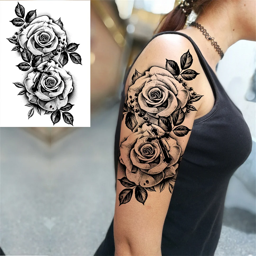 Flower Skeleton Temporary Tattoos For Women Men Adult Death Skull Tattoo Sticker Fake Lion Wolf Forest Black Evil Tatoos Armband