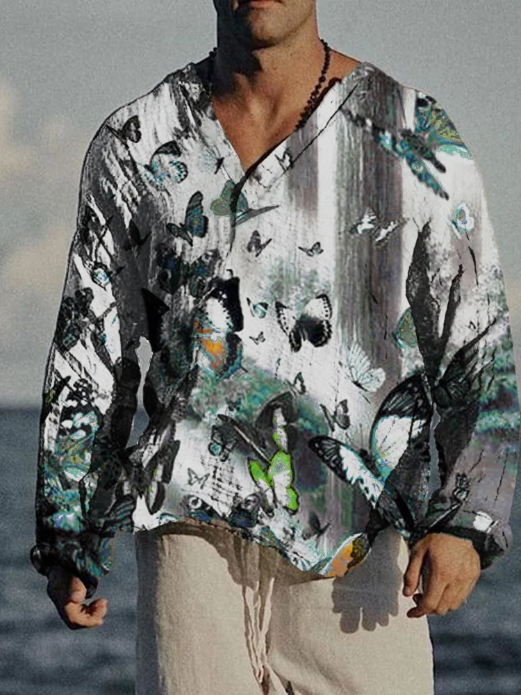 Men's printed cotton linen long sleeved shirt top