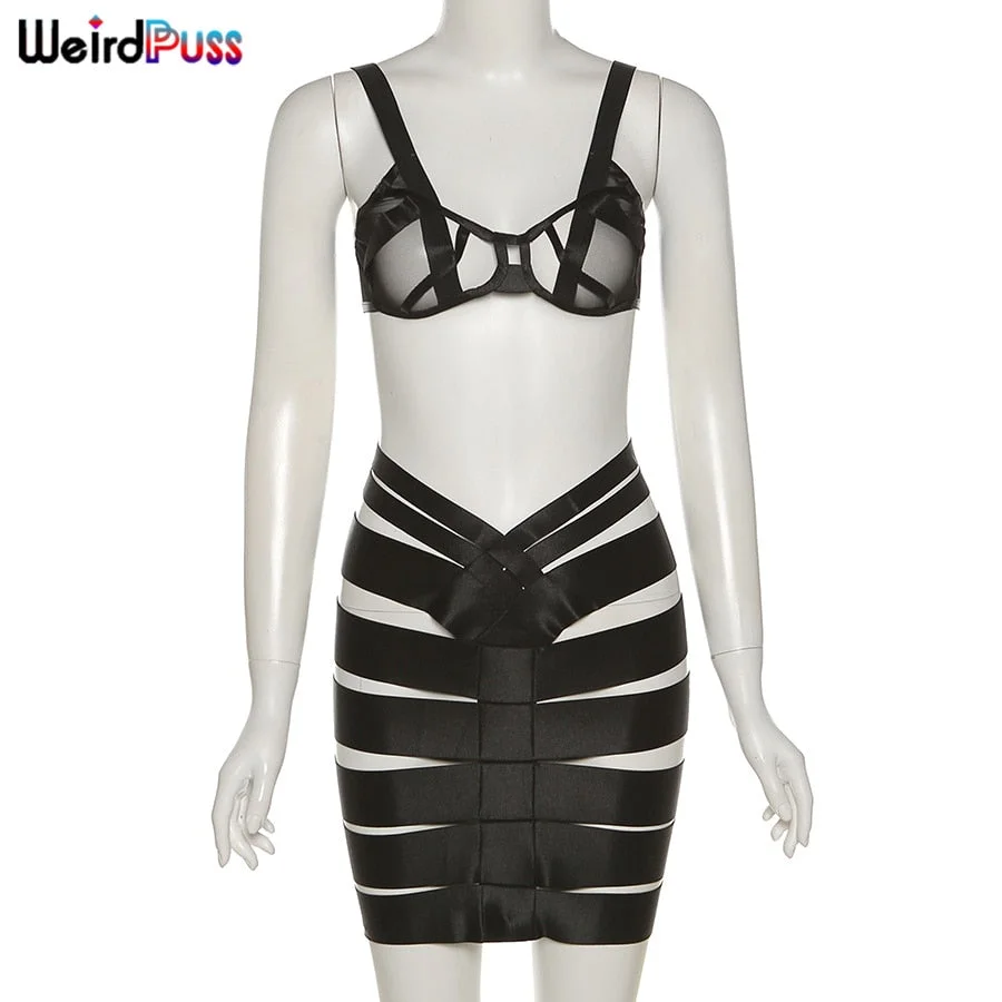 Weird Puss Two Piece Set Women Hollow Out Mesh Band Patchwork Summer Trend Beach Style Top+Skirt Skinny Matching Party Clubwear