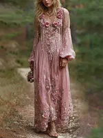 Bohemian Floral Beaded Pink V-neck Long Sleeve Dress