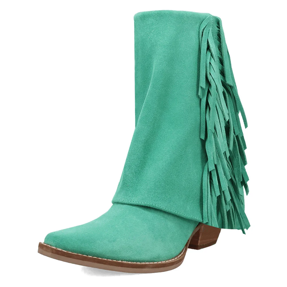 Green Vegan Suede Almond Toe Fringe Chunky Heel Fold Over Ankle Boots