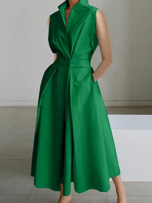 Image of Sleeveless Solid Color Lapel Midi Dresses