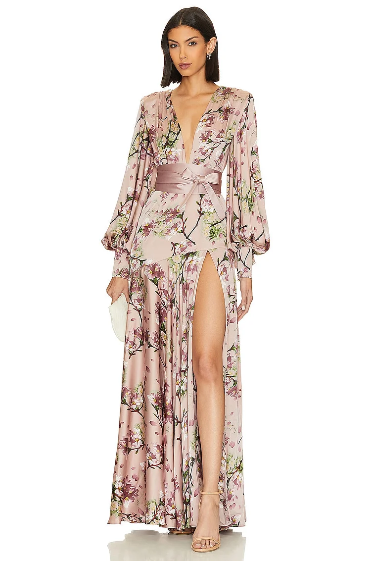 Satin V-Neck Floral Lantern Sleeve Maxi Dress