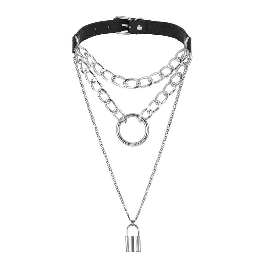 PU BELT CHAIN LOCK LAYERED NECKLACE