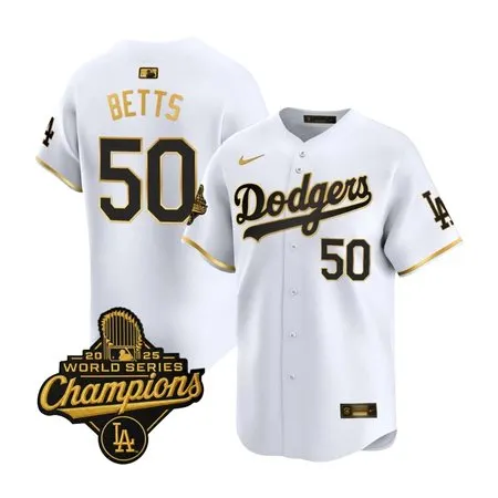 Youth Los Angeles Dodgers #50 Mookie Betts  White Golden 2025 World Series Champions Home Limited Jersey