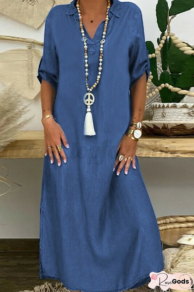 Denim Slit Maxi Shirt Dress