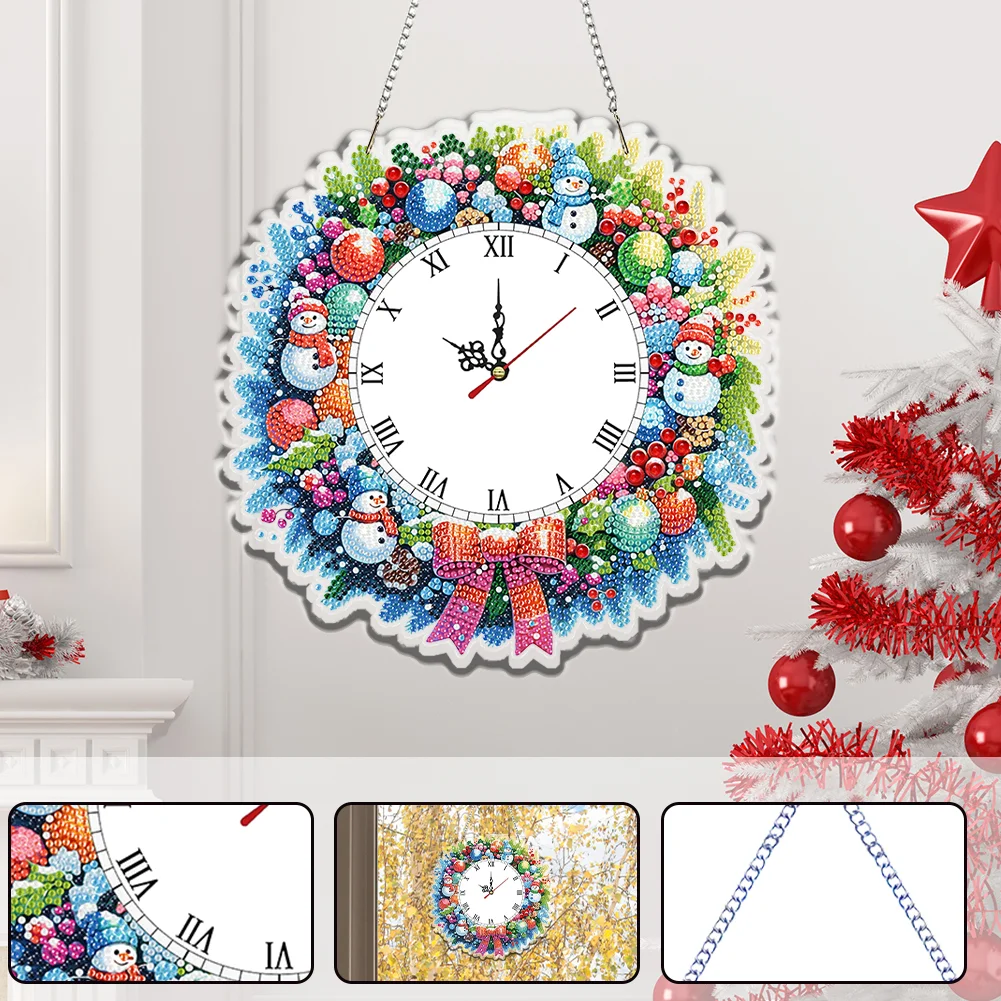 2D Flat DIY Christmas Snowman Acrylic Diamond Painting Clock Pendant Home Decor